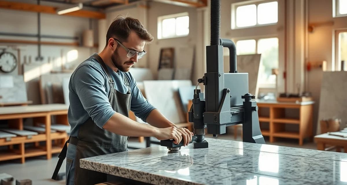 Countertop fabrication apprentice operating CNC stone cutting machine in professional shop environment with safety equipment