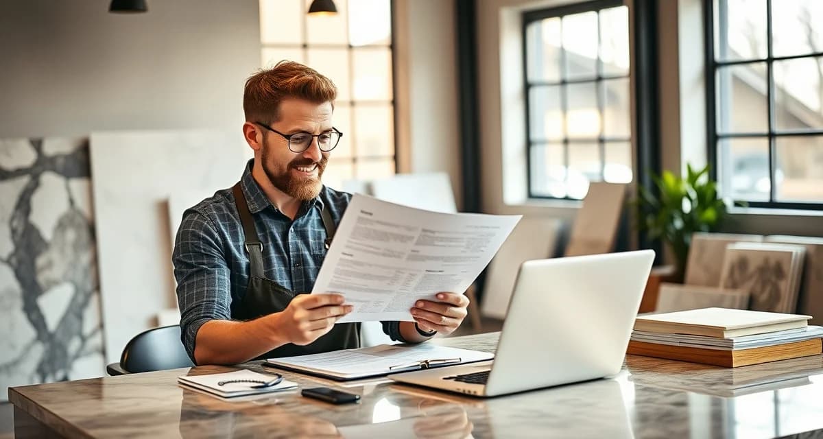 Countertop fabrication business owner reviewing a comprehensive business plan template with stone samples on desk