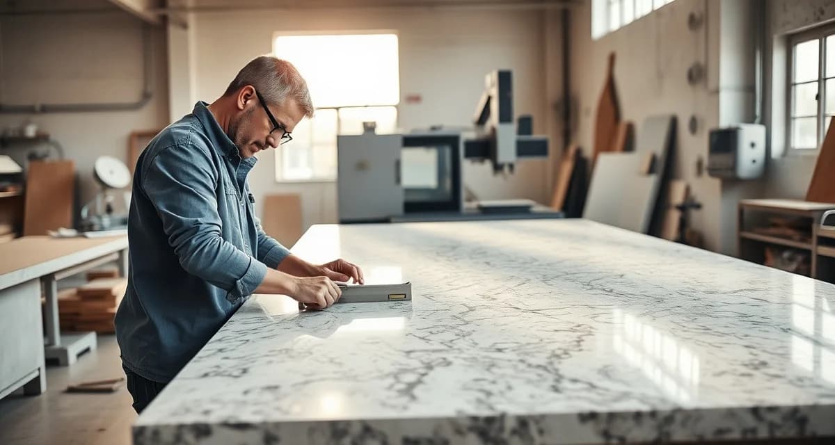 Countertop fabrication technician cutting and measuring a stone slab in a professional fabrication shop with precision equipment