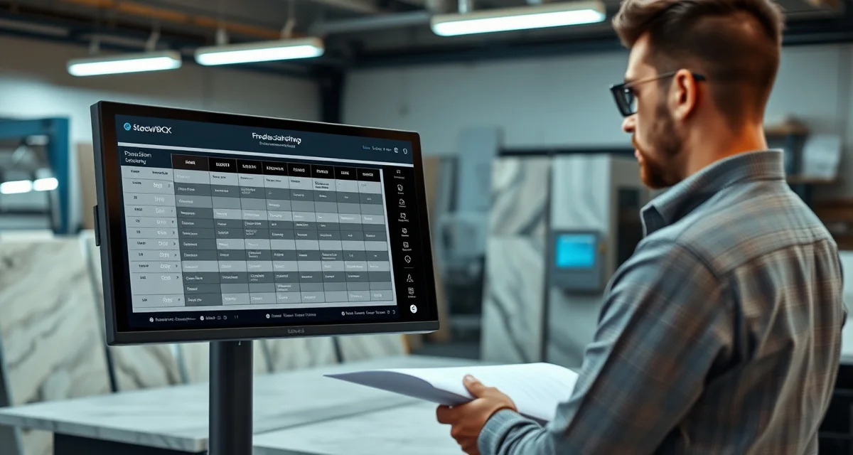 Stone countertop fabrication shop manager reviewing production scheduling timeline with organized project templates and CNC workflow coordination.