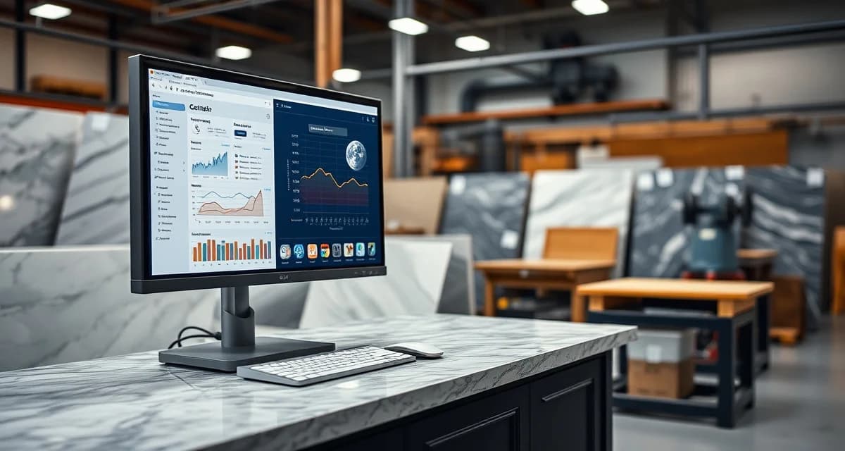 SlabWise countertop management software for Pittsburgh shops Countertop software dashboard displayed on computer monitor in Pittsburgh stone fabrication shop workspace