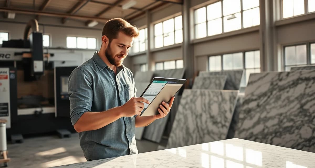 New stone countertop fabrication shop owner using AI-powered quoting software on tablet beside CNC machinery and granite slabs