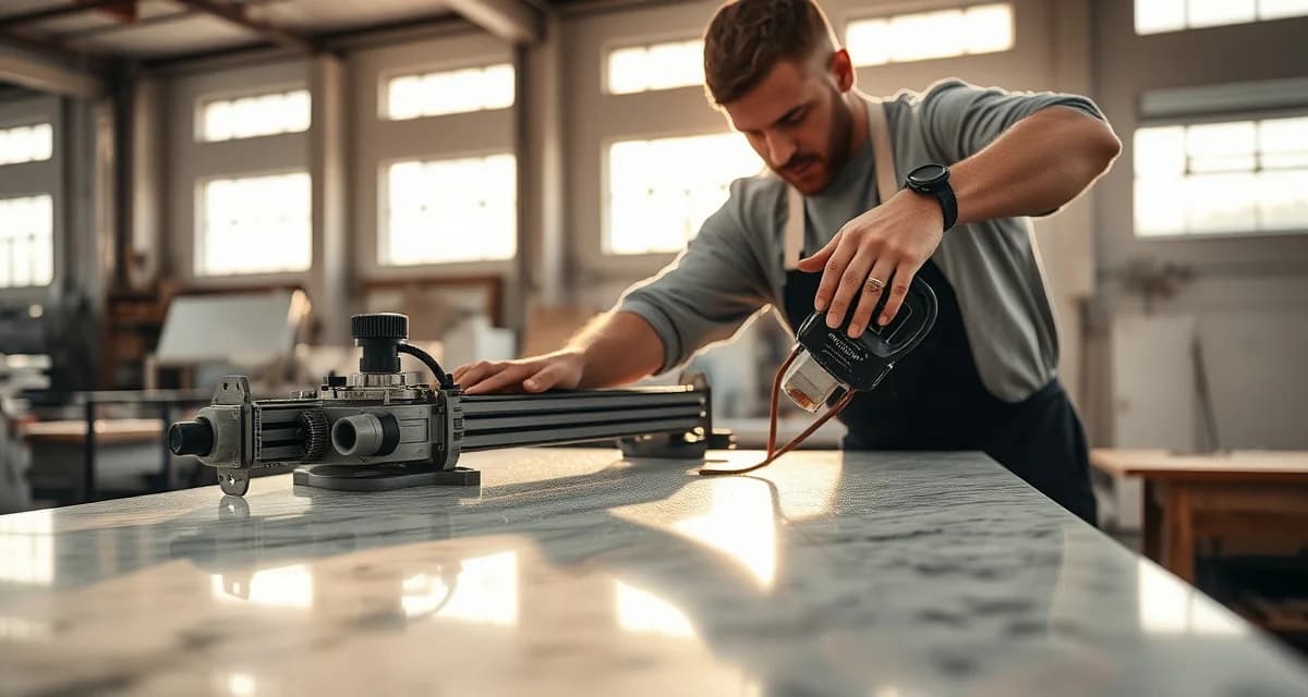 Stone fabricator using precision equipment to cut and shape granite countertop in professional shop environment