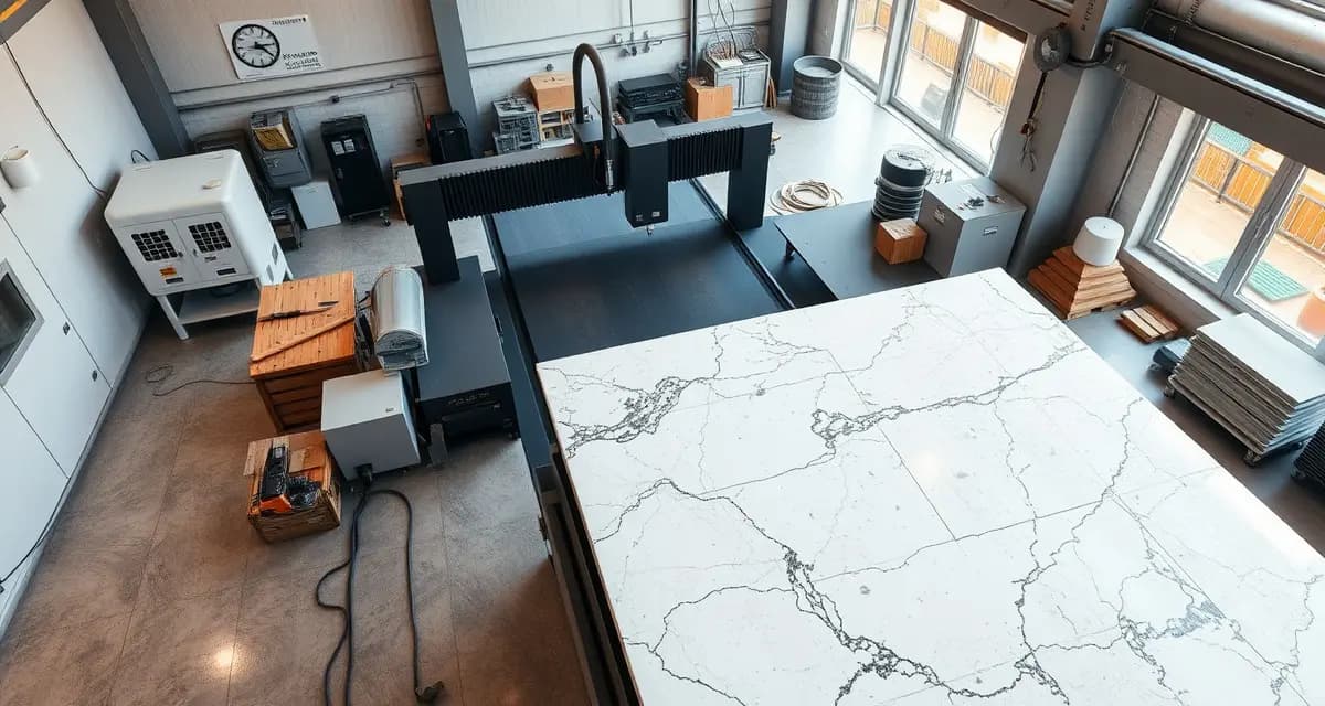 Stone countertop fabrication workflow showing slab preparation, CNC cutting, and quality control steps in a professional fabrication shop.