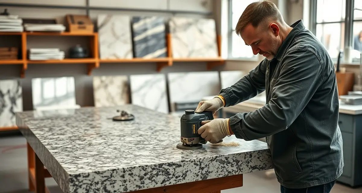 Stone countertop fabricator cutting and shaping a raw granite slab with precision tools in professional workshop setting.