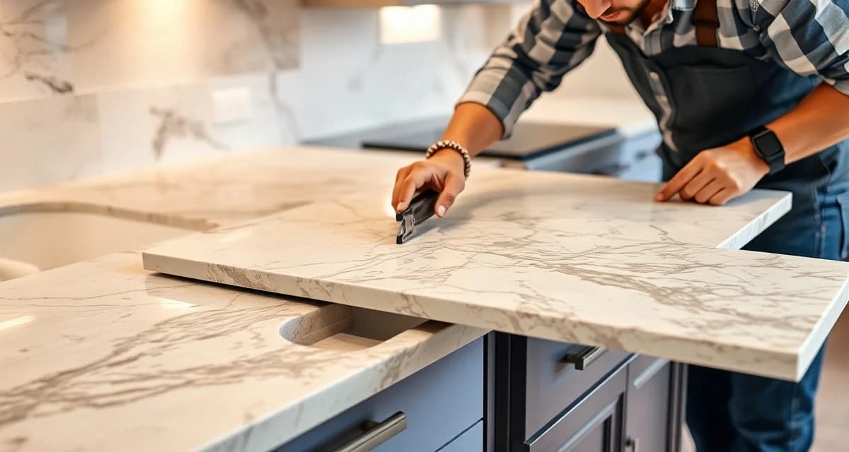 Professional countertop installation showing labor and precision fitting of stone slab to kitchen cabinet base