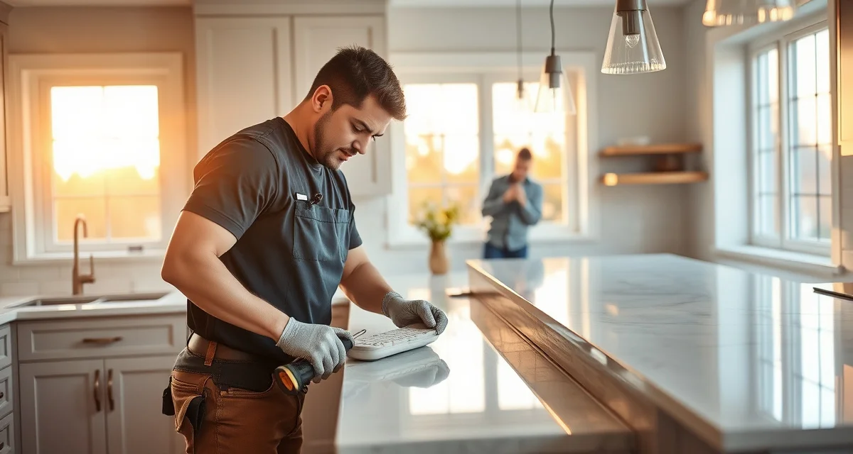 Countertop installation team using mobile software to access job details and template drawings on-site for precise fabrication and customer satisfaction.