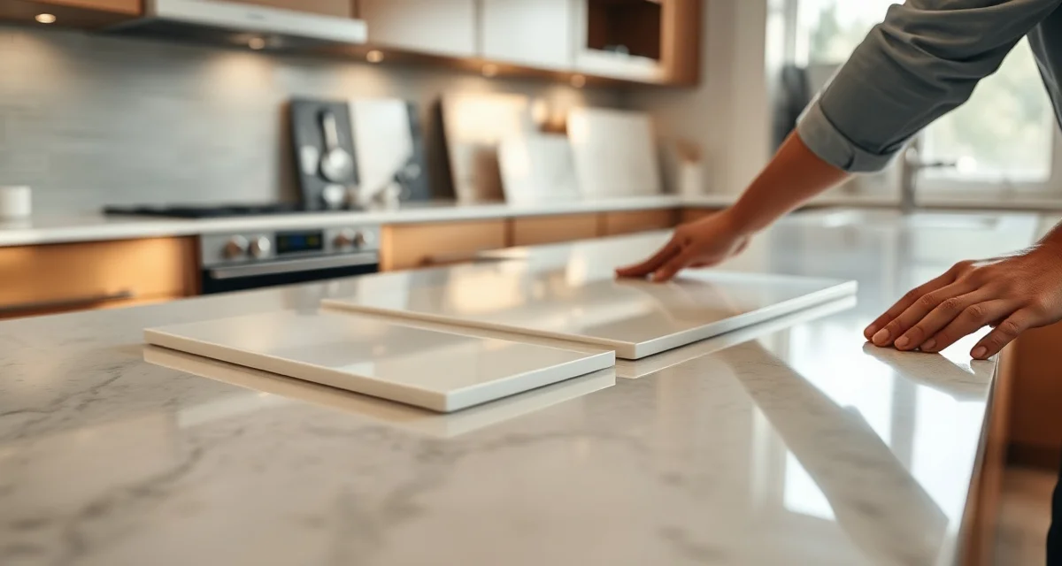 Professional installing thin porcelain overlay slab over existing countertop surface during kitchen remodeling project