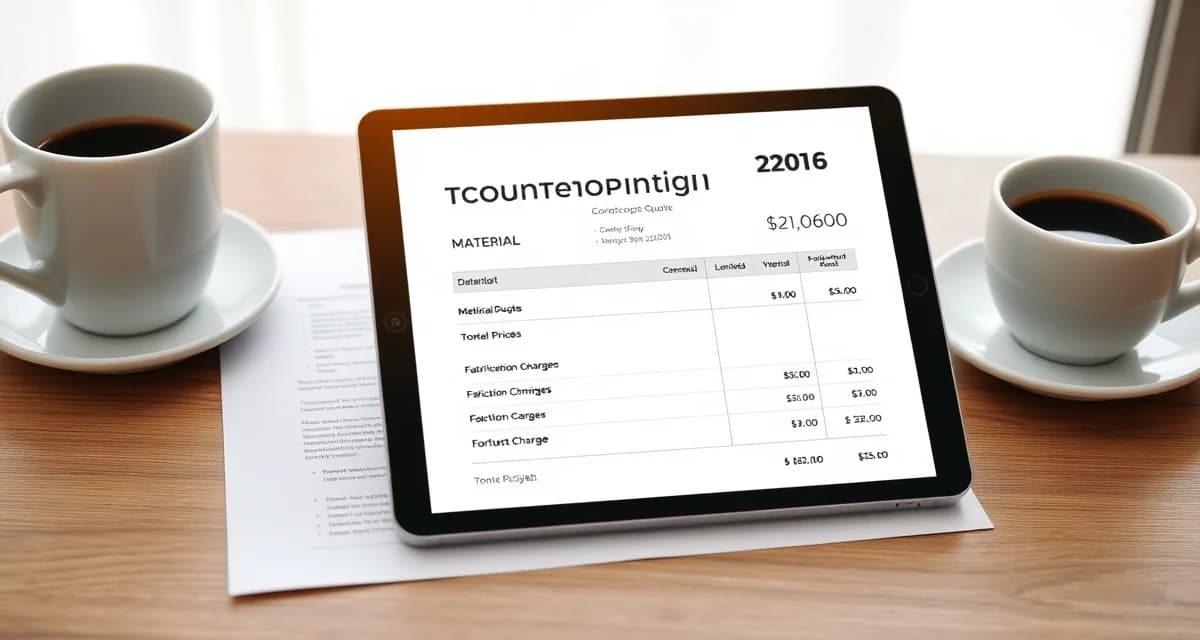 Professional countertop quote template showing itemized pricing for stone fabrication shops with material costs and installation fees.