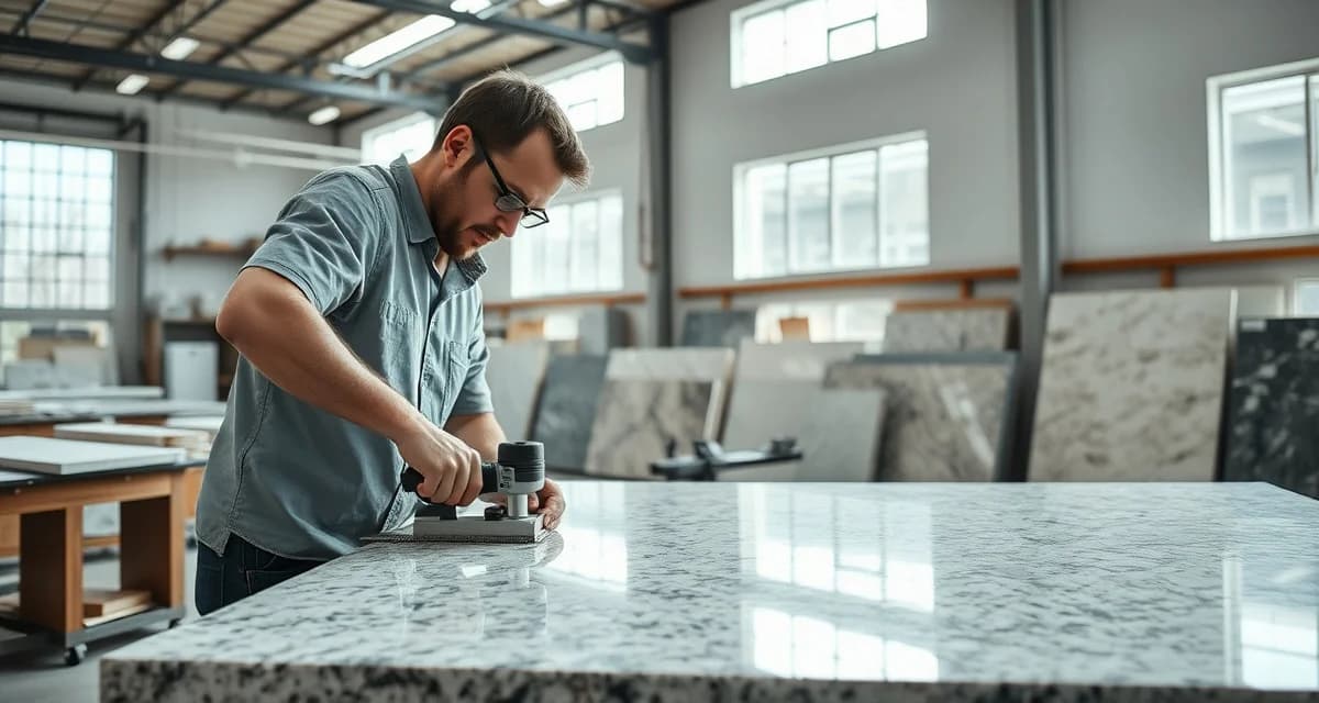 Professional countertop fabricator measuring and templating a stone slab for customer quote estimation