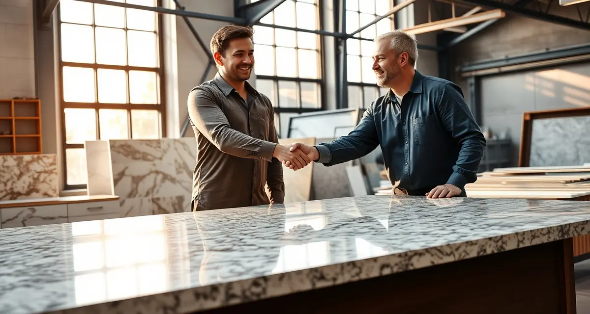 Countertop fabricator and customer establishing a referral partnership agreement in a professional stone shop setting
