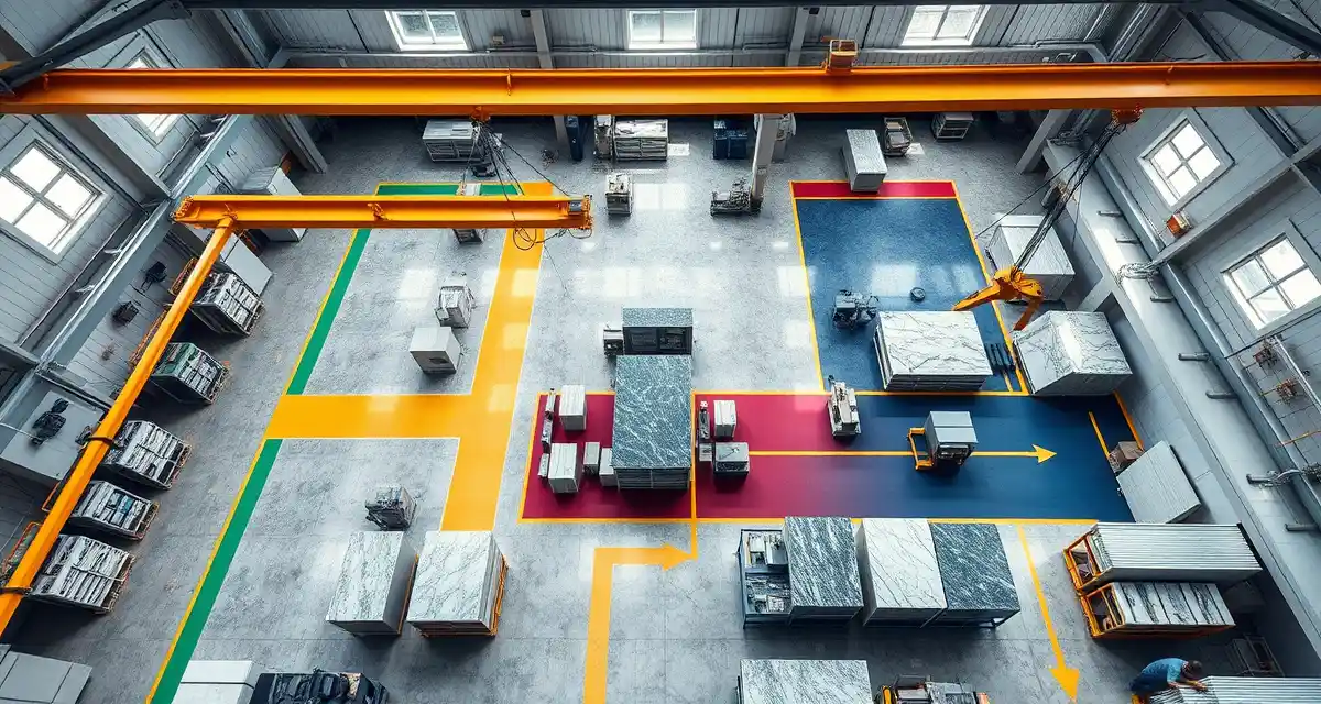 Organized stone countertop fabrication shop floor showing five production zones with overhead cranes and efficient workflow design