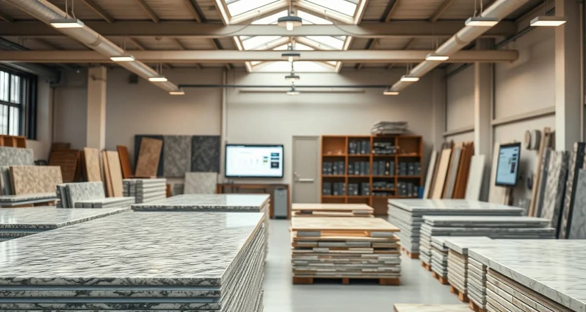 Stone countertop fabrication shop displaying organized slab remnant inventory managed through SlabWise software system