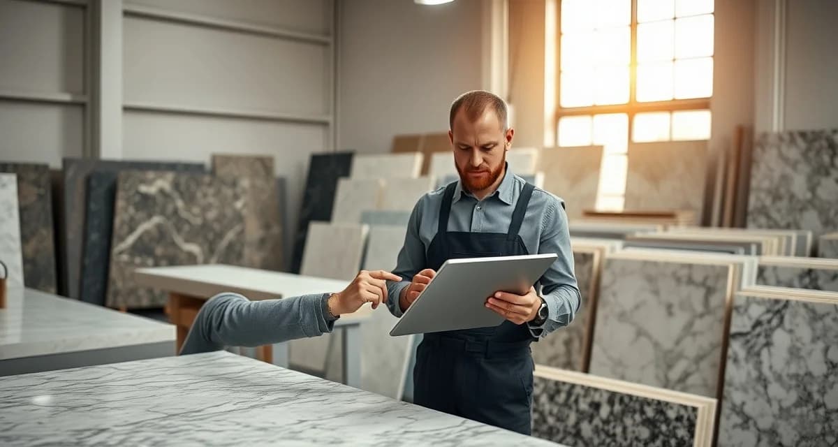 Stone countertop fabrication shop manager evaluating software solutions using structured checklist framework for shop management platforms