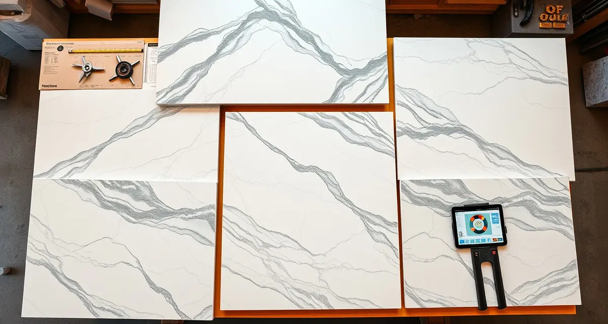 Stone countertop fabrication shop demonstrating slab waste reduction through AI nesting optimization and efficient layout planning.