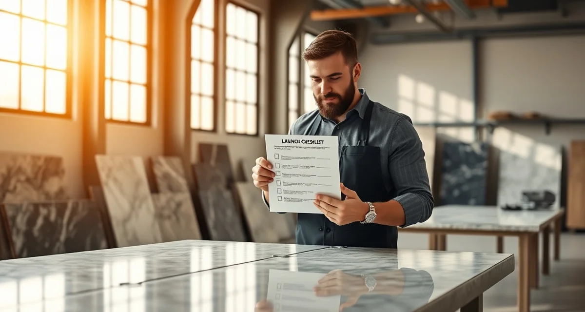 Website launch checklist guide for countertop fabrication shops with stone samples and digital planning tools