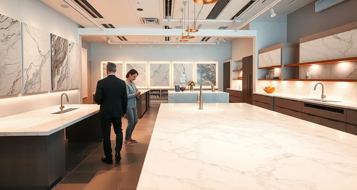 Modern countertop showroom displaying granite, quartz, and marble stone slabs arranged for customer viewing and material selection
