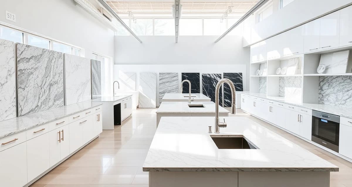 Modern countertop showroom displaying granite and quartz slabs with edge profiles and finished vignette displays for customer consultation.