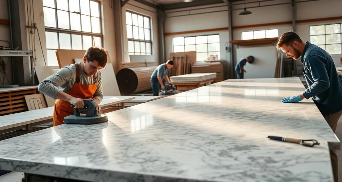 Modern countertop fabrication shop in Columbus, OH with technicians operating stone cutting equipment and quartz slab management systems
