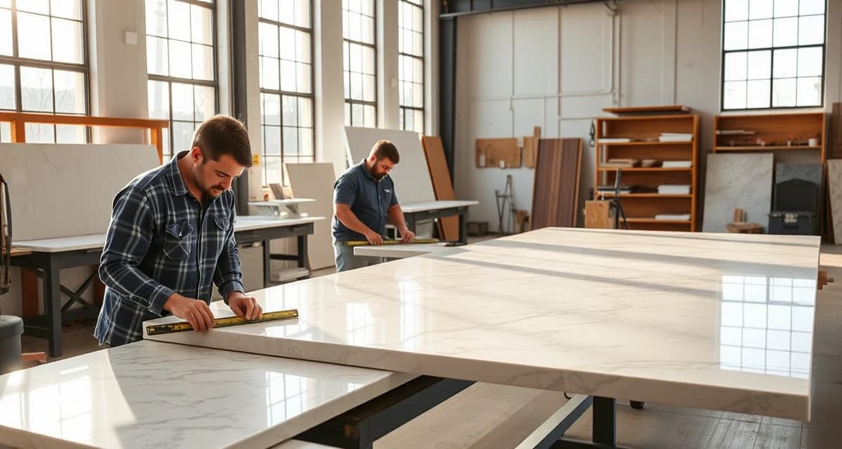SlabWise countertop management software for Indianapolis shops Professional countertop software interface displayed on tablet in a modern Indianapolis stone fabrication shop with workers measuring granite