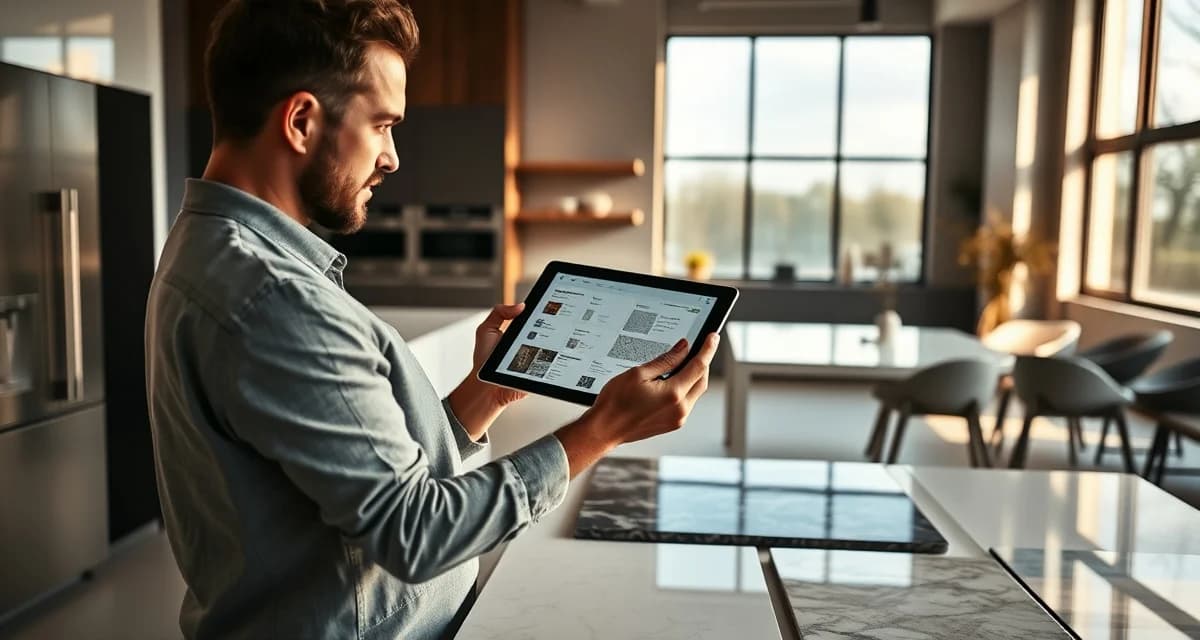 Countertop design software workflow for interior professionals Interior designer selecting countertop materials using professional design software with slab samples and digital specifications visible