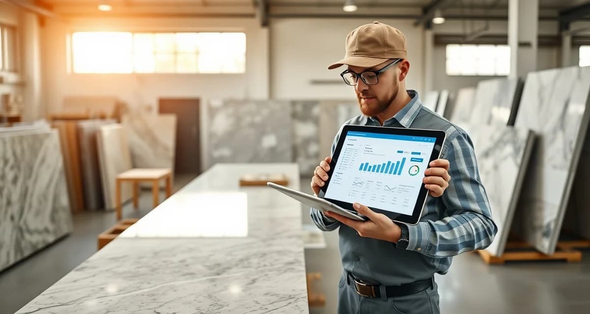 Countertop shop owner reviewing software dashboard for stone fabrication business management and quoting.