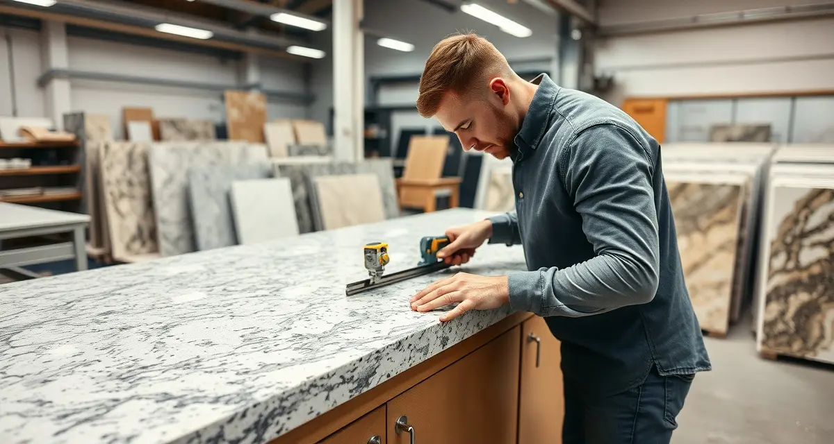 Stone countertop fabrication technician measuring template for kitchen countertop installation project with precision measuring tools