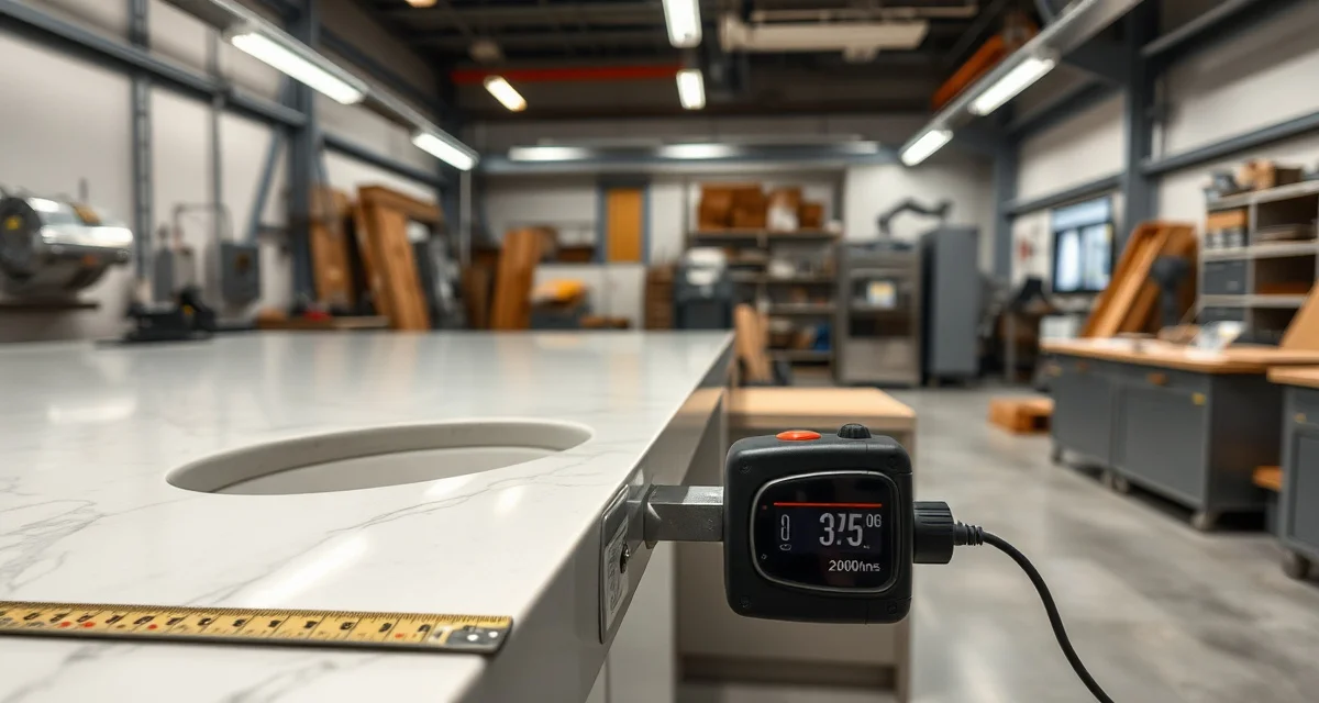 Comparison of digital templating device and tape measure for countertop fabrication showing precision measurement differences