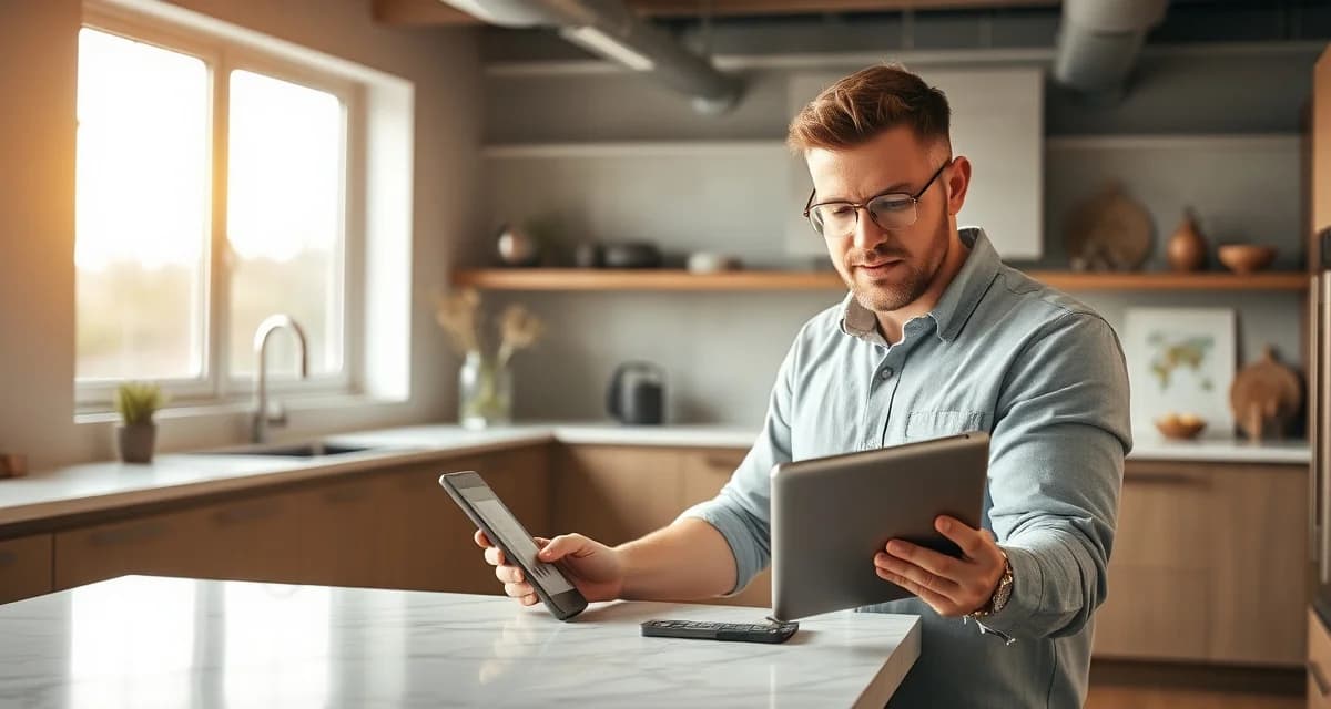 Countertop templater using SlabWise AI verification software on tablet to validate digital template measurements on-site