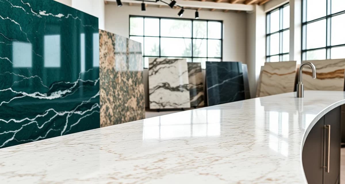 Modern countertop trend display showcasing 2026 materials, colors, and edge profiles for fabricators and homeowners