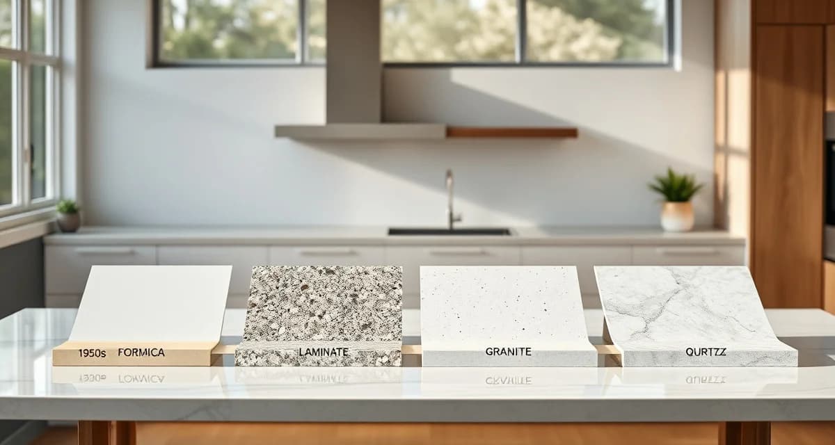 Evolution of countertop trends from vintage Formica to modern quartz materials spanning multiple decades of kitchen design history