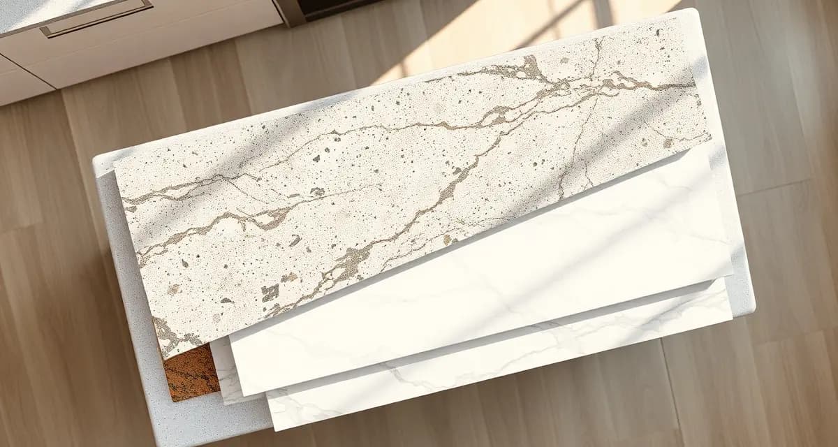 Stone countertop samples showing granite, quartz, and marble materials with varying thicknesses for weight comparison