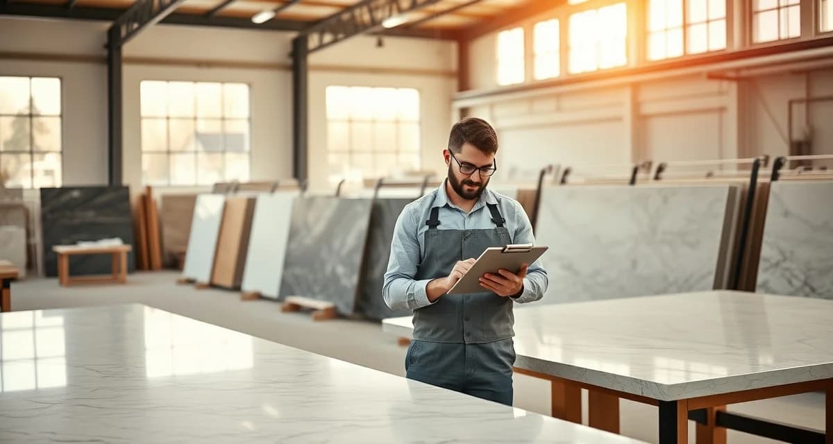 Countertop fabrication shop manager reviewing daily production report data on tablet with organized stone slabs in background