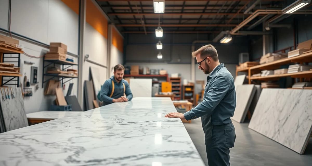 Dallas countertop fabrication shop management Professional countertop fabrication shop in Dallas showcasing polished stone slabs and skilled workers managing production workflow.