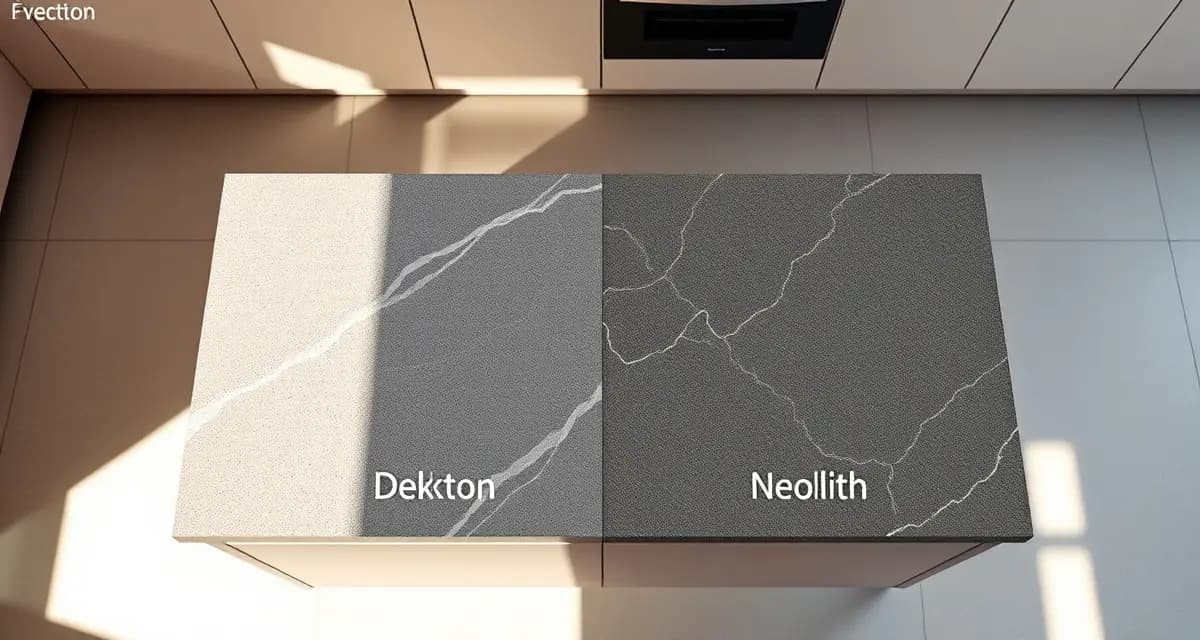 Side-by-side comparison of Dekton and Neolith sintered stone countertop samples showing texture and color differences