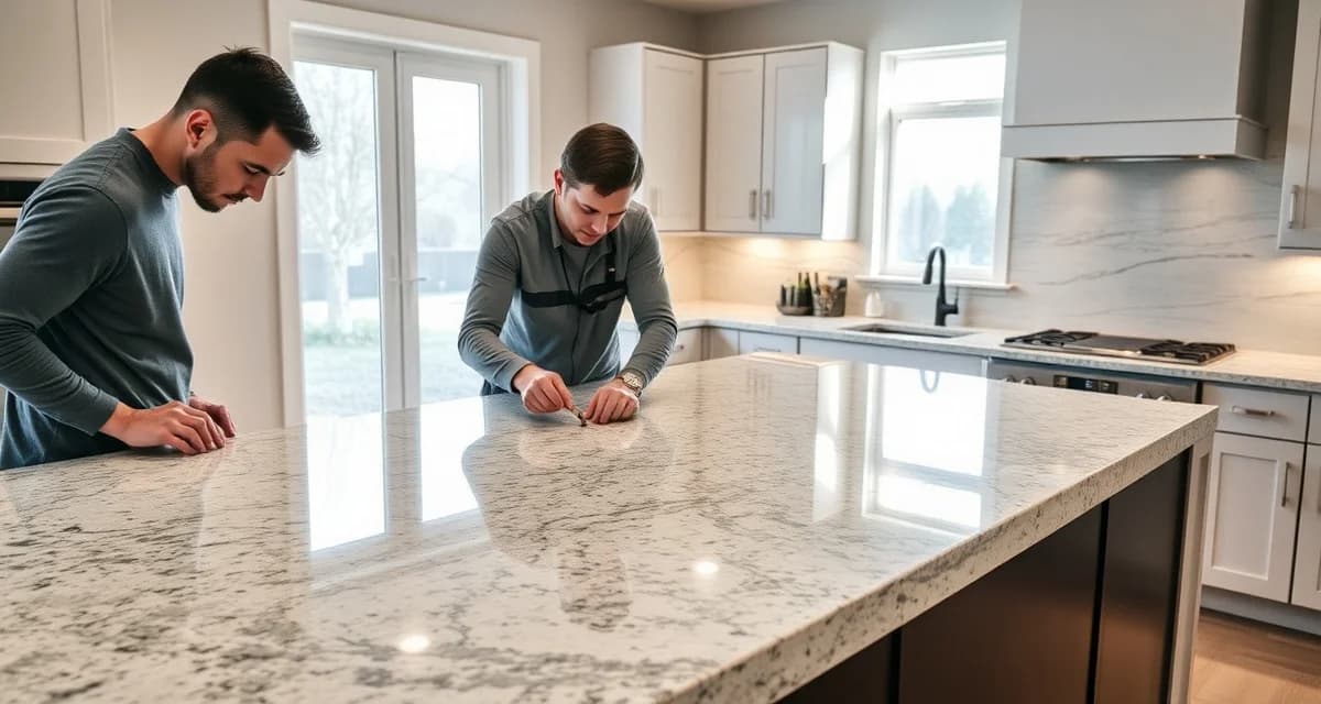 How to choose Denver countertop fabricators Professional countertop fabricators in Denver installing premium stone slabs with precision measurement tools and equipment