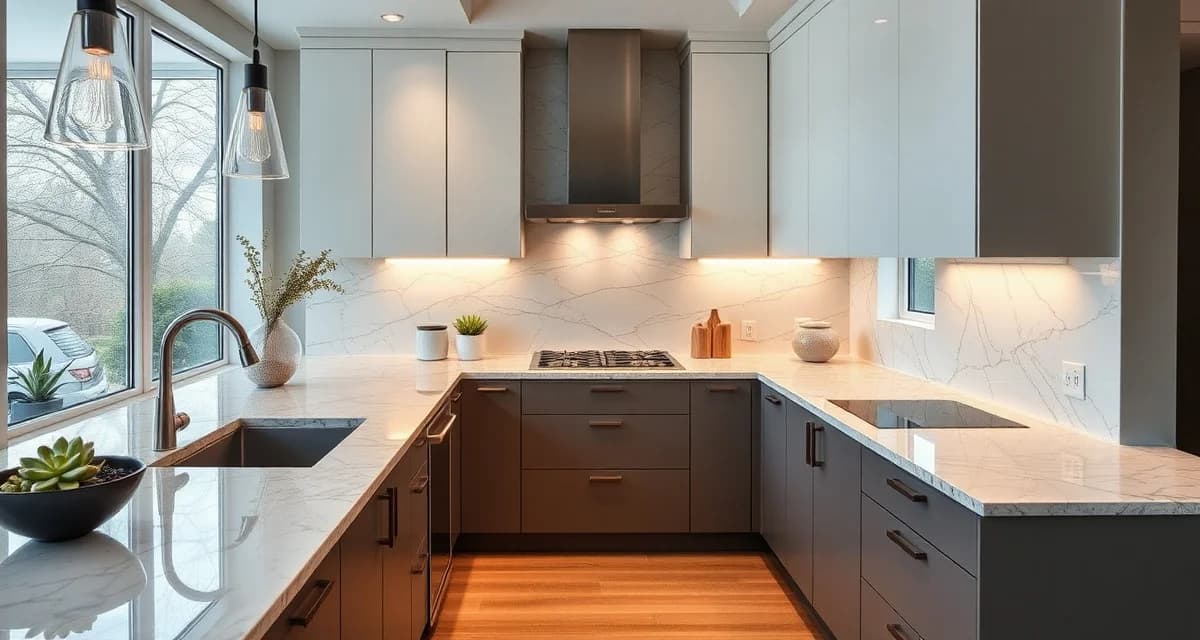 Detroit countertop cost estimation example Modern kitchen countertop installation in Detroit showing granite and quartz materials with pricing examples for 2026