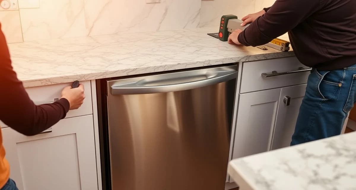 Professional technician installing dishwasher under stone countertop with precise measurement and leveling tools