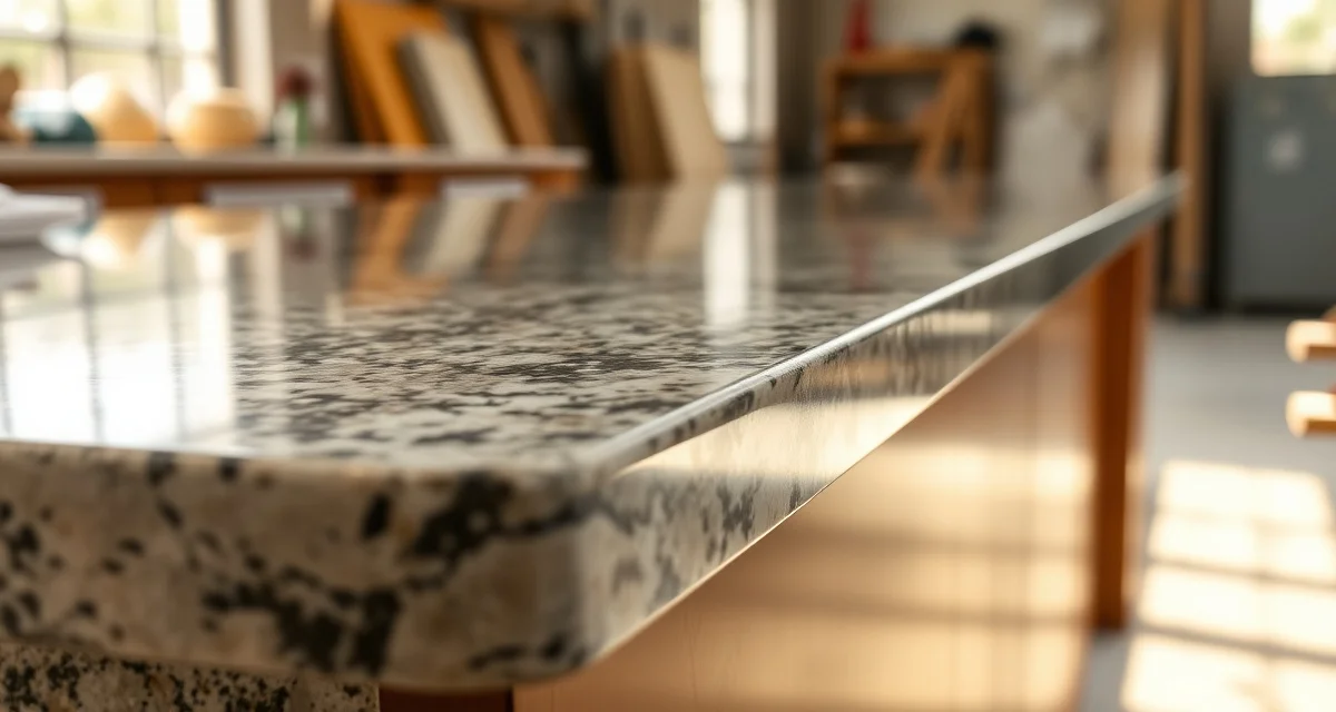 Close-up view of a Dupont edge profile on a polished stone countertop showing the distinctive flat ledge step and concave curve detail