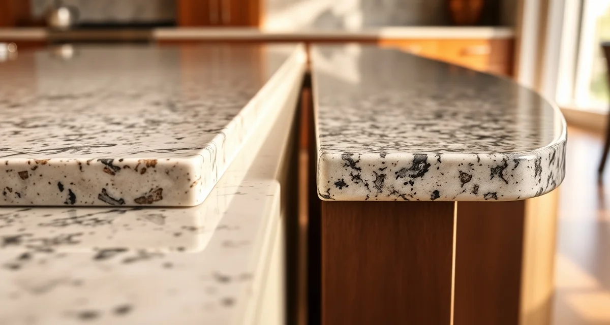 Side-by-side comparison of dupont stepped edge and ogee curved edge profiles on polished countertop slabs
