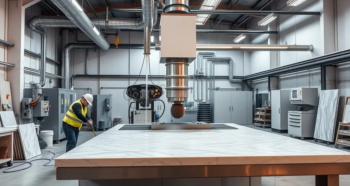 Dust control system with wet cutting station and extraction equipment in countertop fabrication shop protecting worker health