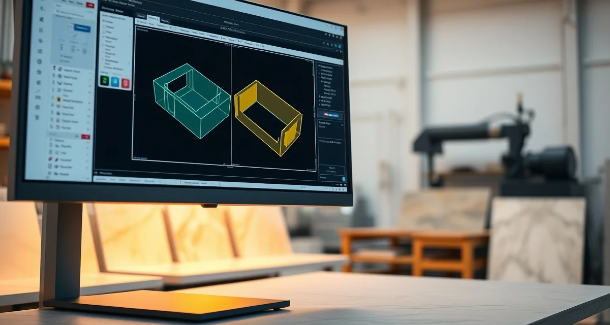 DXF file design displayed on computer screen showing countertop measurements and edge profiles for CNC fabrication in stone shop