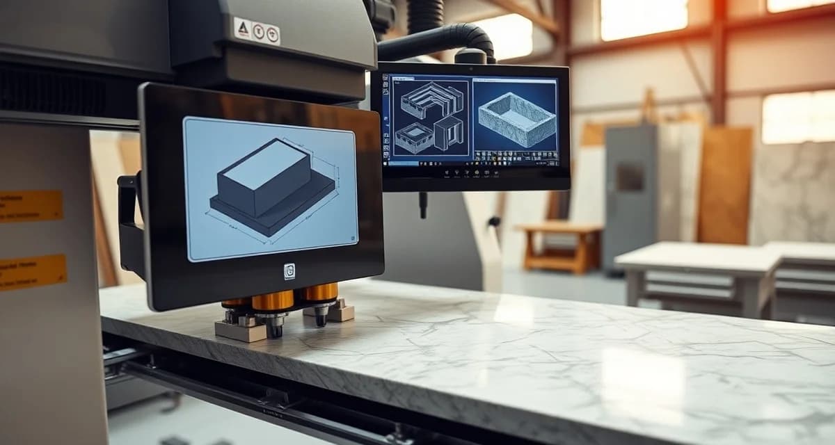 CNC machine executing stone countertop cut from digital DXF file template in fabrication shop