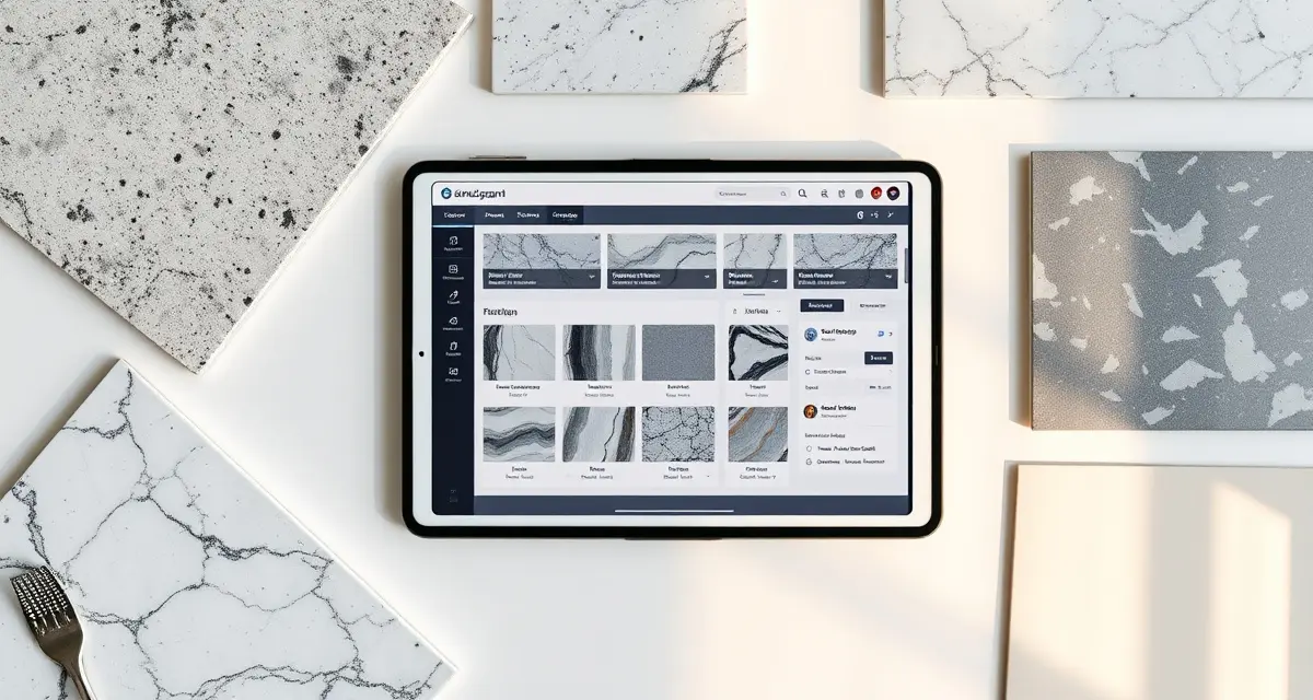 EasyStoneShop countertop fabrication management software interface displayed on tablet with stone samples for shop comparison