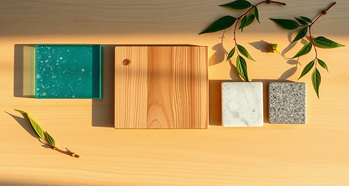 Eco-friendly countertop material samples including recycled glass, reclaimed wood, bamboo, and natural stone arranged on sustainable surfaces