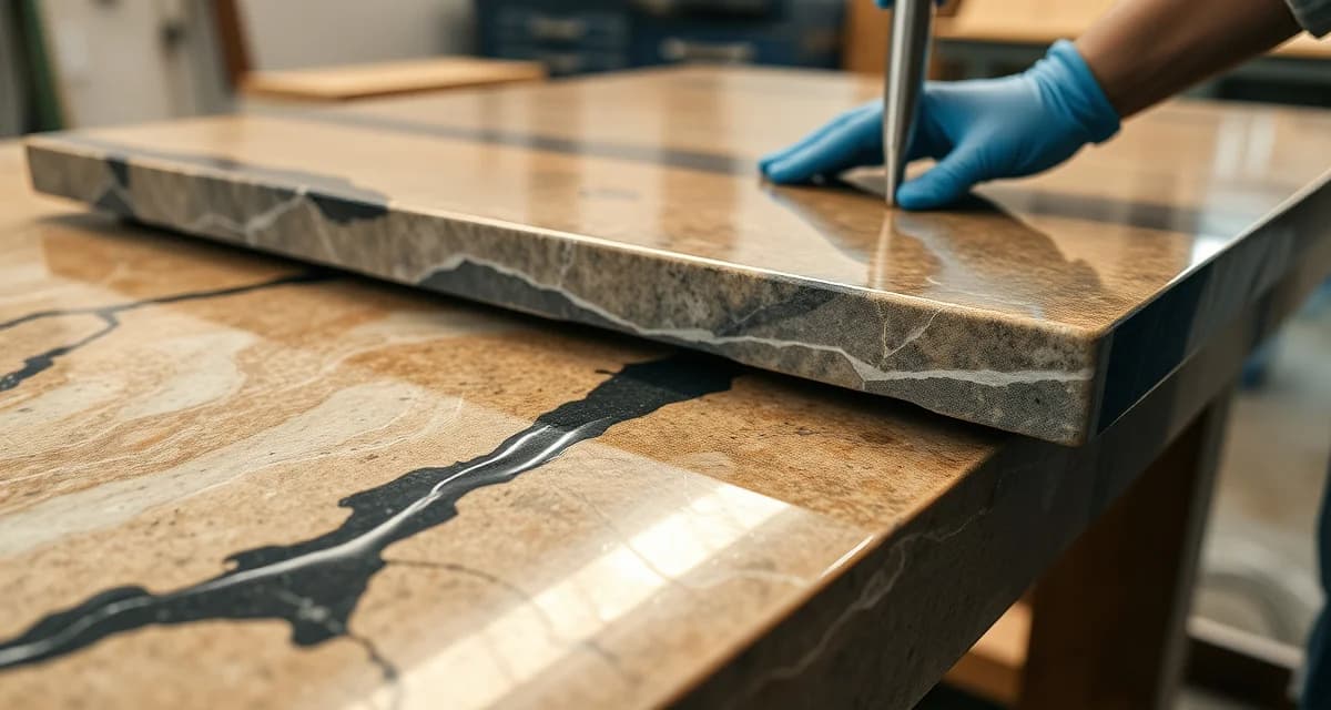 Professional epoxy reinforcement being applied to natural stone slab to fill micro-fissures and strengthen weak areas during fabrication process.