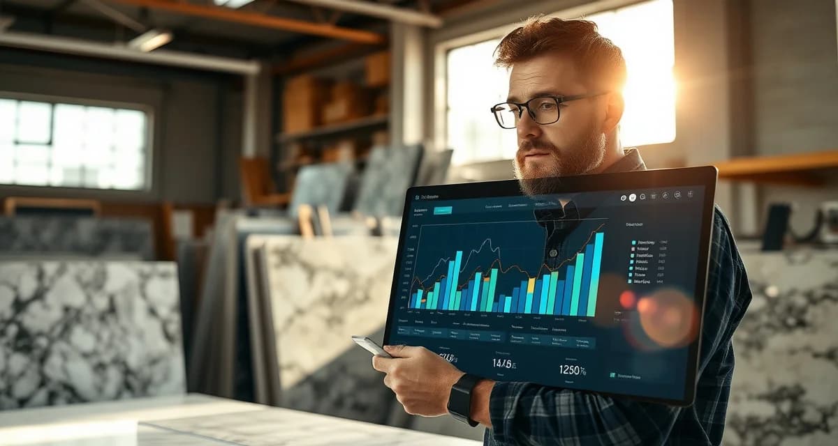 Countertop fabrication shop owner analyzing business performance metrics and production data on digital dashboard