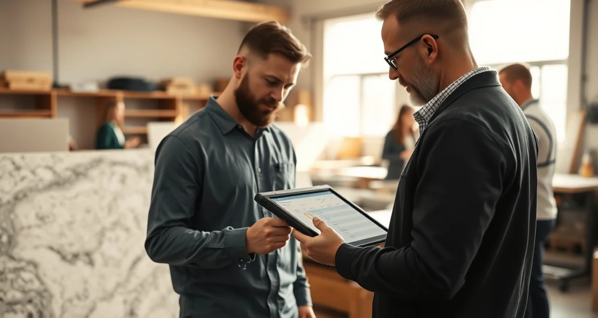 Stone countertop shop manager implementing fabrication software during phase one planning with timeline documentation and team coordination visible