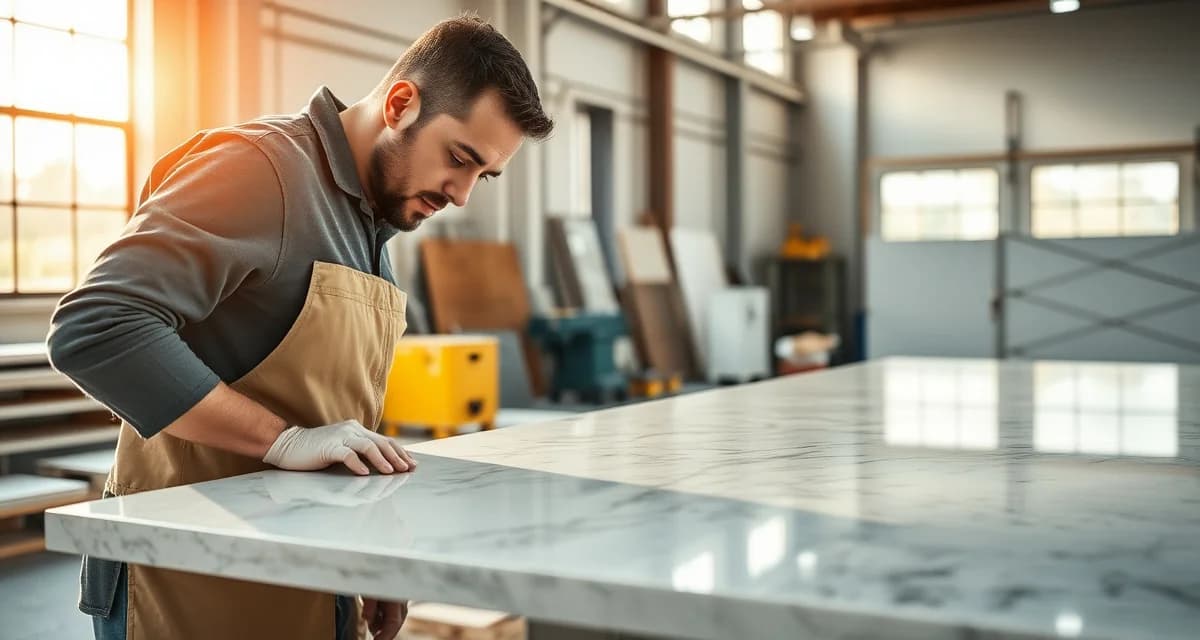 Stone countertop fabricator carefully inspecting a granite slab for quality standards in a professional fabrication shop.