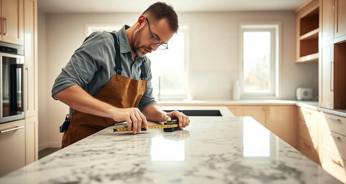 Countertop fabricator performing a field measure with precision measuring tools during on-site kitchen installation visit.